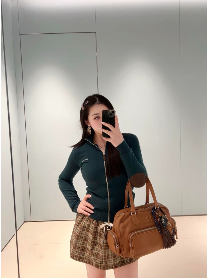 Miu Miu Dark Green Zip-Up Mock Neck Cashmere Knit Cardigan | Limited Edition Artisan Craftsmanship, Vintage Sweet & Cool Aesthetic