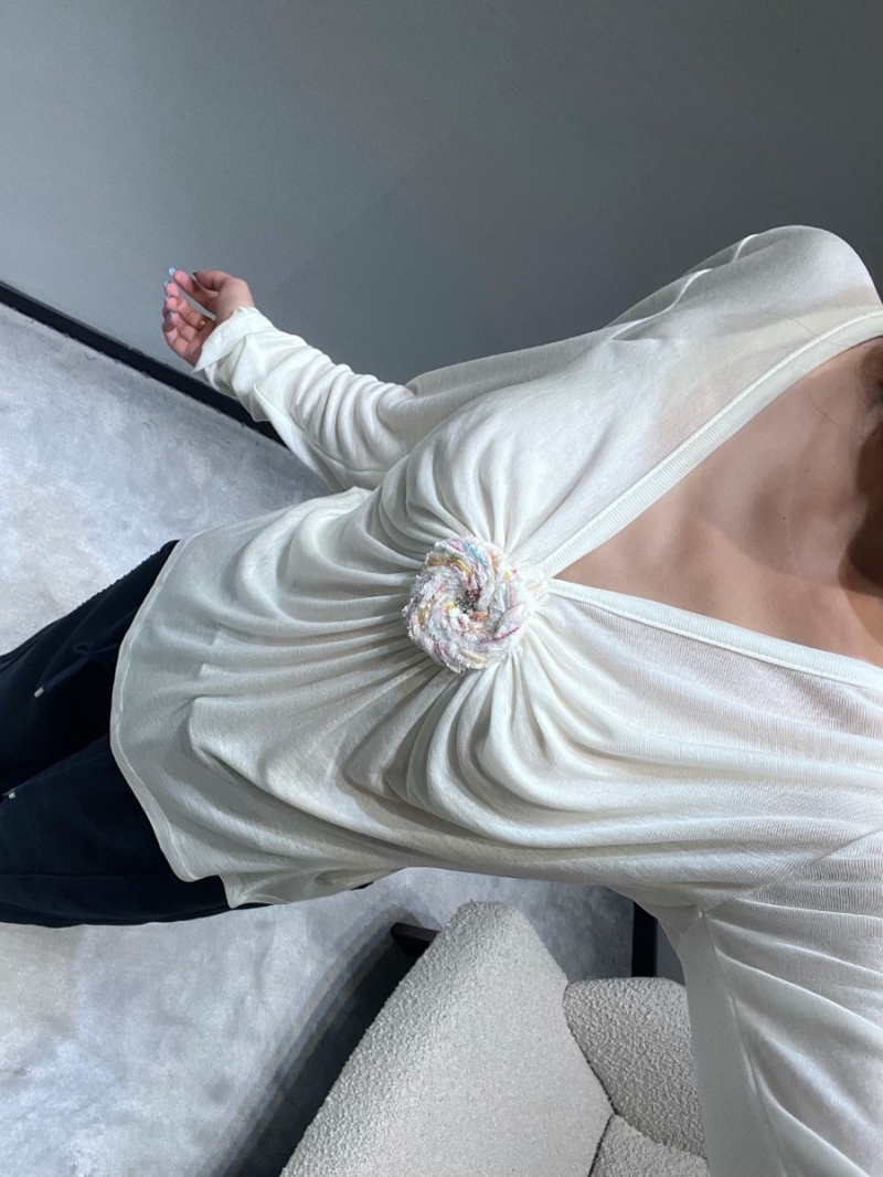 CHANEL Women's Deep V-Neck Long Sleeve Top, Ivory, Exquisite Floral Embellishment, Luxe High-Elastic Fabric, Couture-Inspired Design