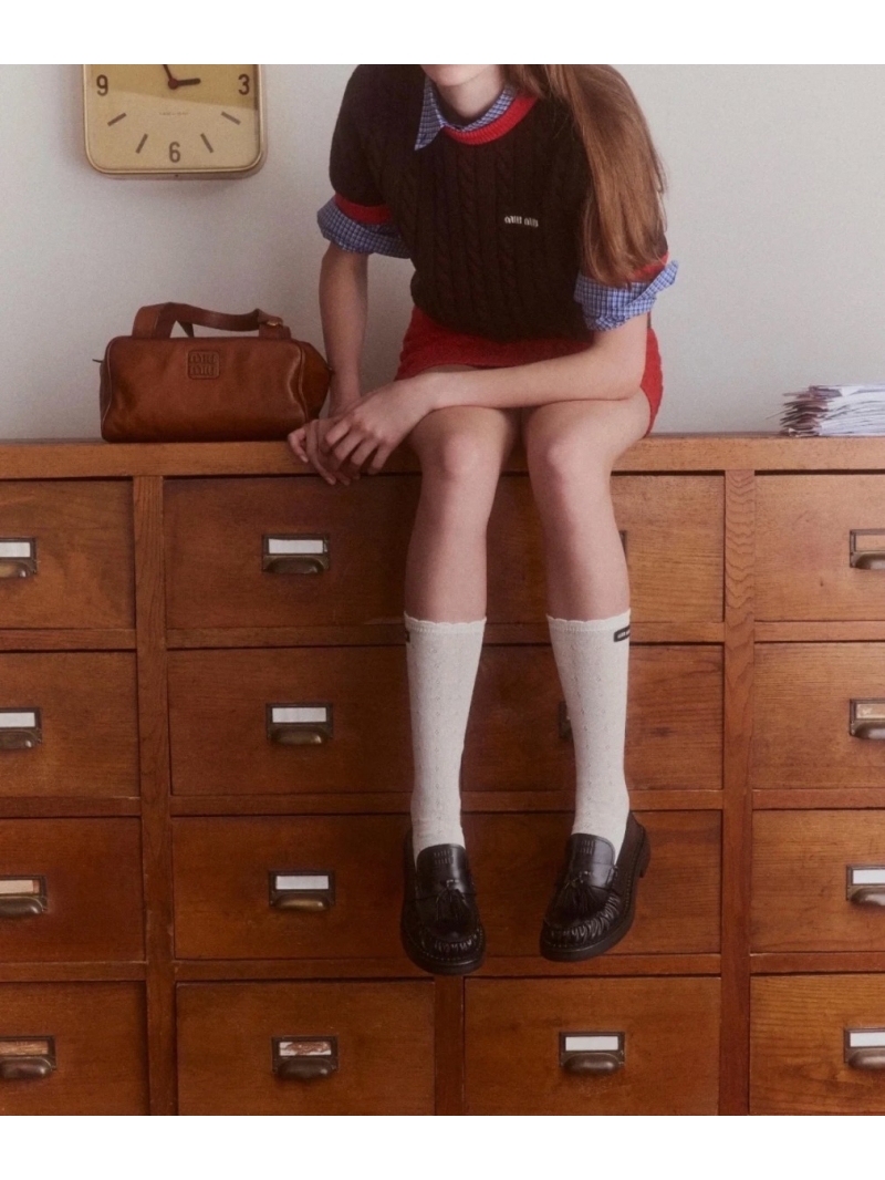 MIU MIU Red and Black Cable Knit Short Sleeve Sweater, Luxury Wool Blend, Embroidered Logo, Fitted