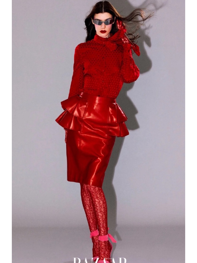 Valentino Maximalist Aesthetic High-Waist Lamb Leather Midi Skirt in Crimson Red