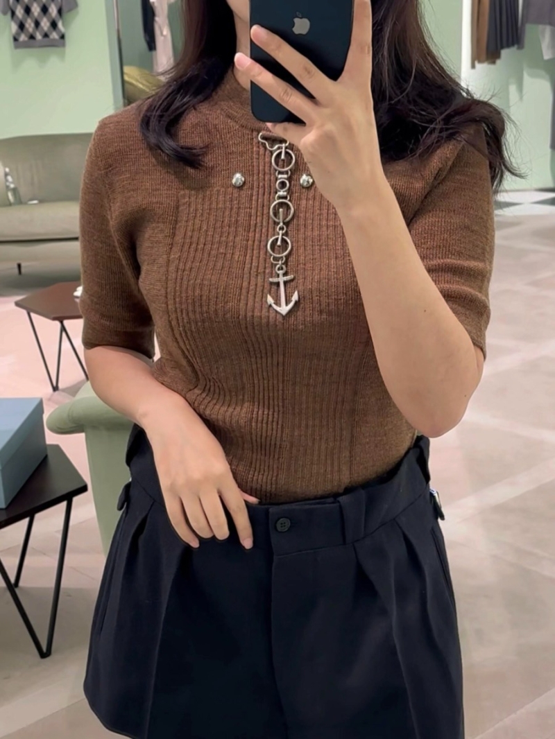 Prada Mocha Brown Short-Sleeve Knit Top with Anchor Charm