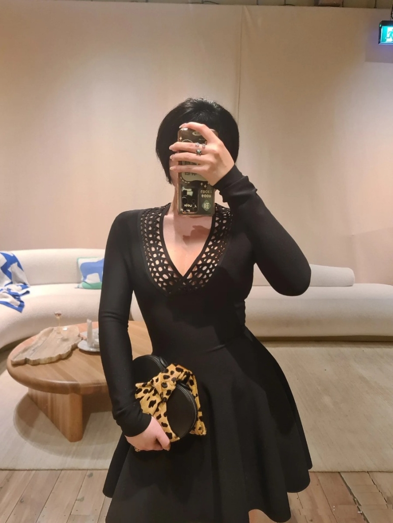 Alaia Luxe V-Neck Lace-Embellished Flared Knit Dress in Black