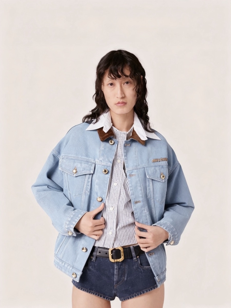 Miu Miu Exclusive Denim Jacket with Corduroy Collar – Vintage-Inspired Cotton-Padded Design
