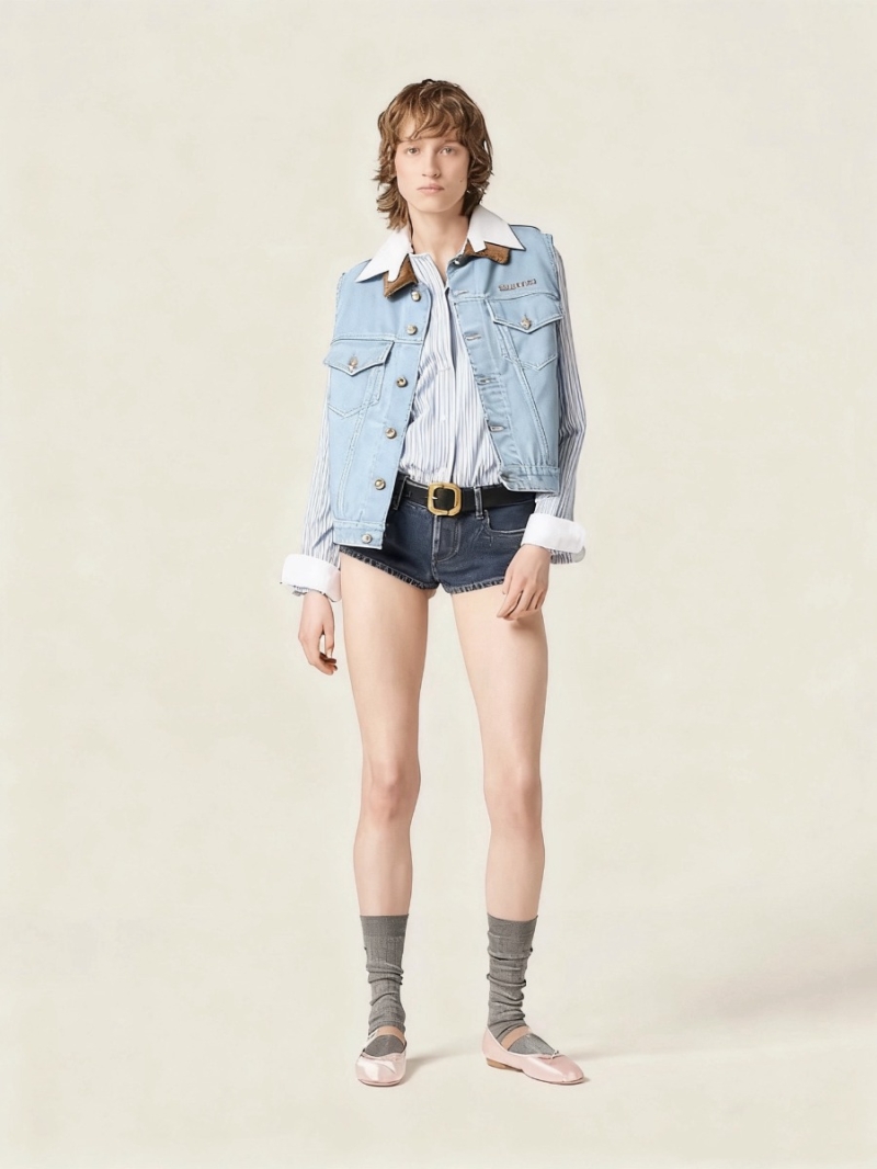 Miu Miu Denim Vest Jacket with Corduroy Collar - Light Blue, Exclusive Luxe Design