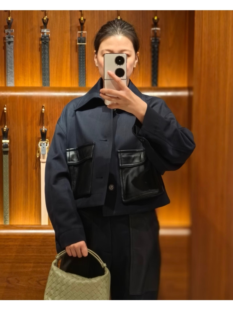 Bottega Veneta Luxe Midnight Blue Cropped Lambskin Jacket with Black Accents