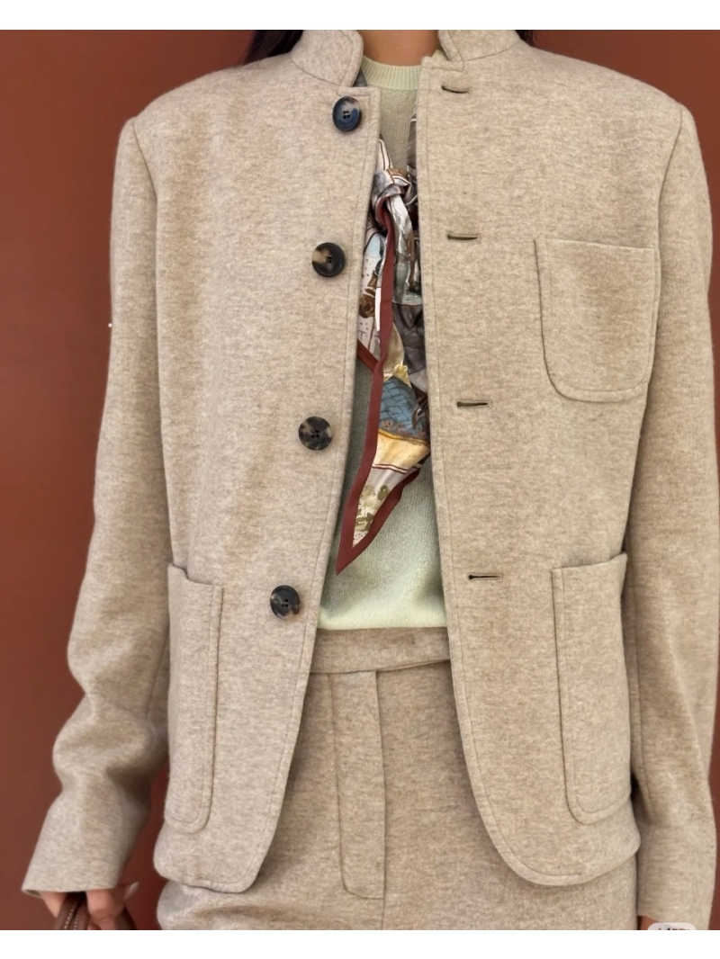 Loro Piana Minimalist High-Intelligence Stand Collar Jacket in Oatmeal