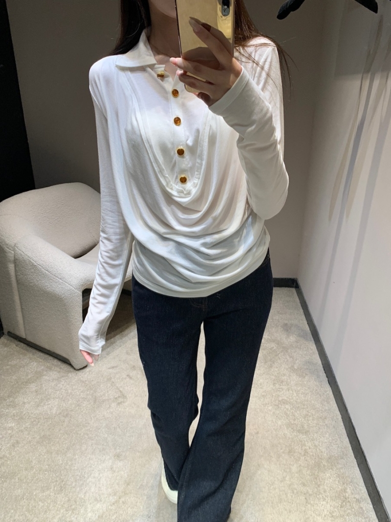 Chanel 25FW White Luxe Stretch Polo-Drape Long Sleeve Top