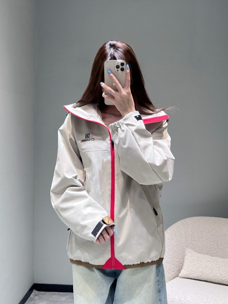 Chanel Luxe Hooded Jacket in Ivory with Red Zip Accent and Brown Trim