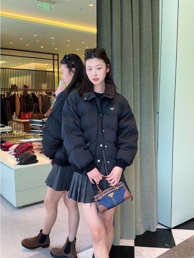 Prada 25FW Luxe Down Jacket with Triangular Logo, Black & Brown Corduroy Collar