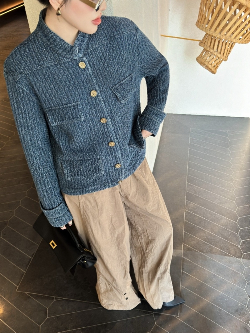 Chanel 25B Luxe Denim Tweed Stand-Collar Jacket in Blue