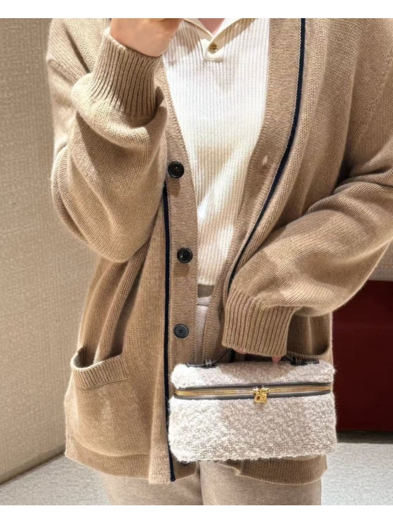 Loro Piana V-Neck Contrast Trim Baby Cashmere Cardigan in Camel & Black