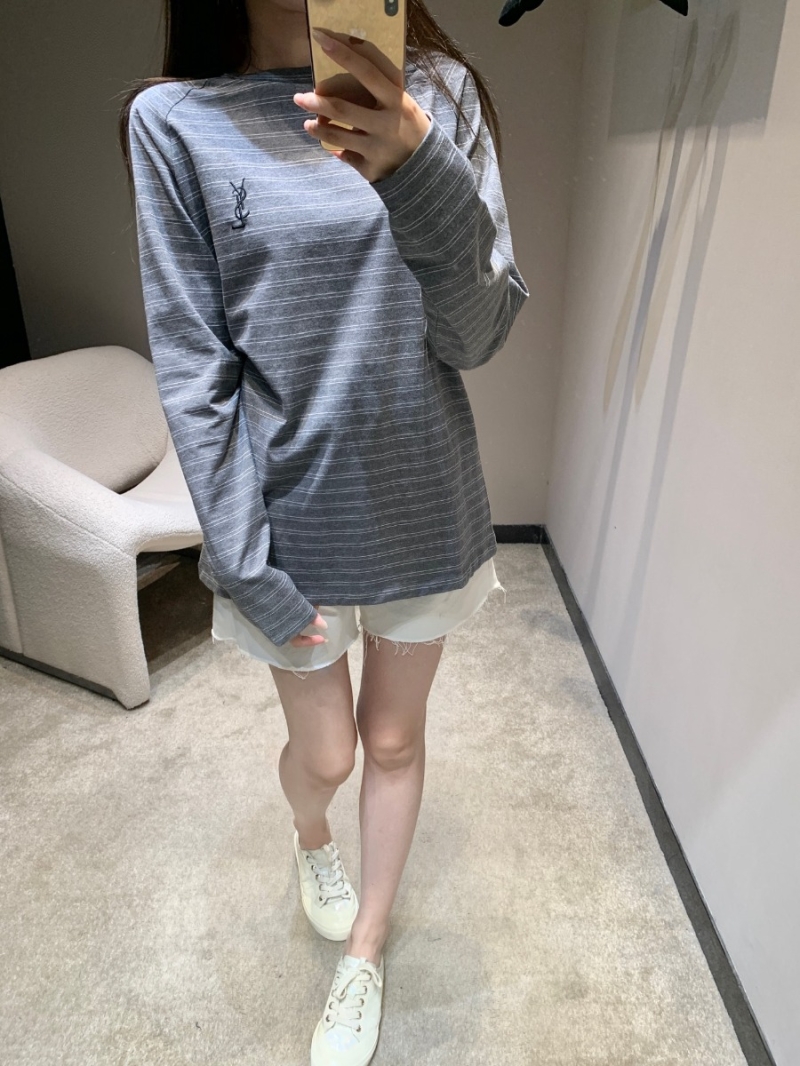 YSL Saint Laurent 25FW Early Autumn Embroidered Minimalist Striped Long-Sleeve T-Shirt in Charcoal Gray