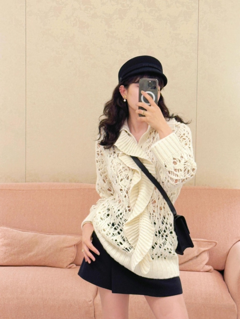 Dior Openwork Lace-Knit Cashmere Cardigan with Detachable Ruffle Collar in Cream