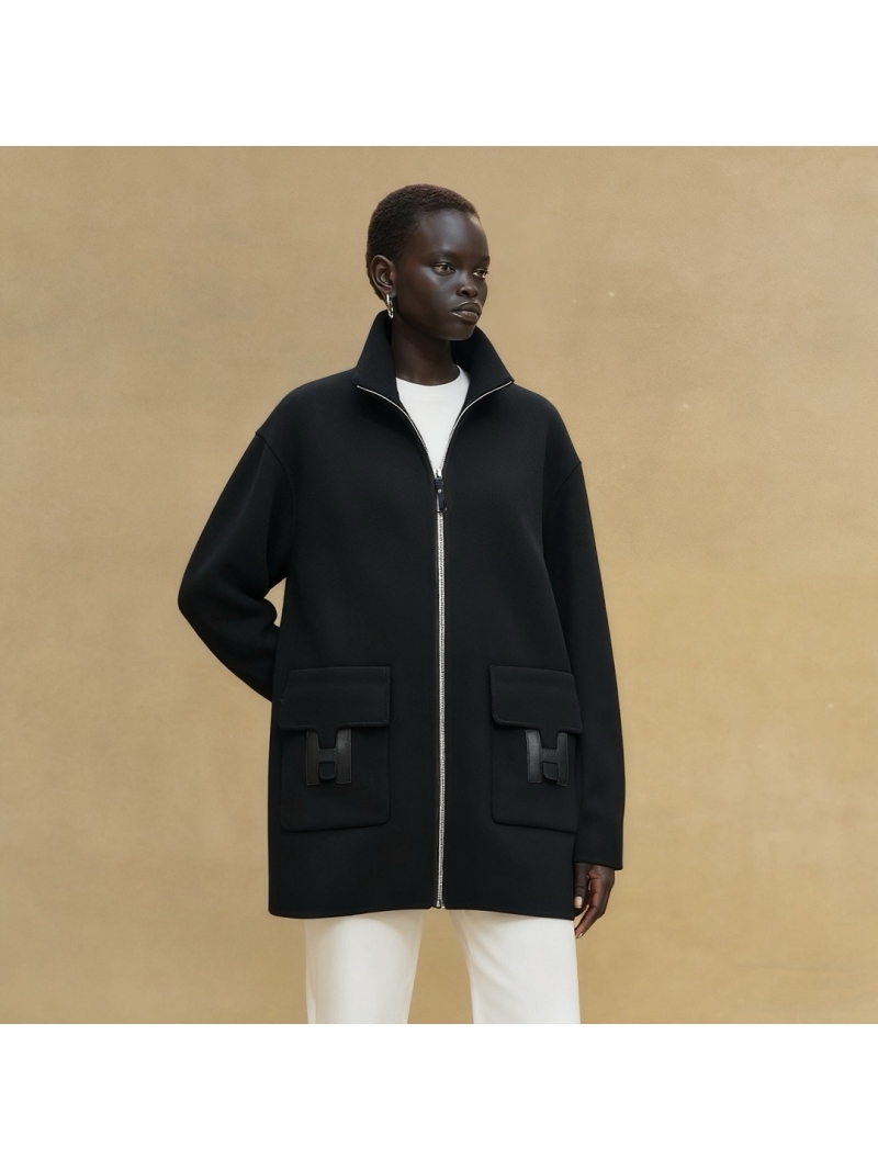 Hermès Limited Edition Black Double-Faced Wool-Cashmere Coat with H Leather Pockets