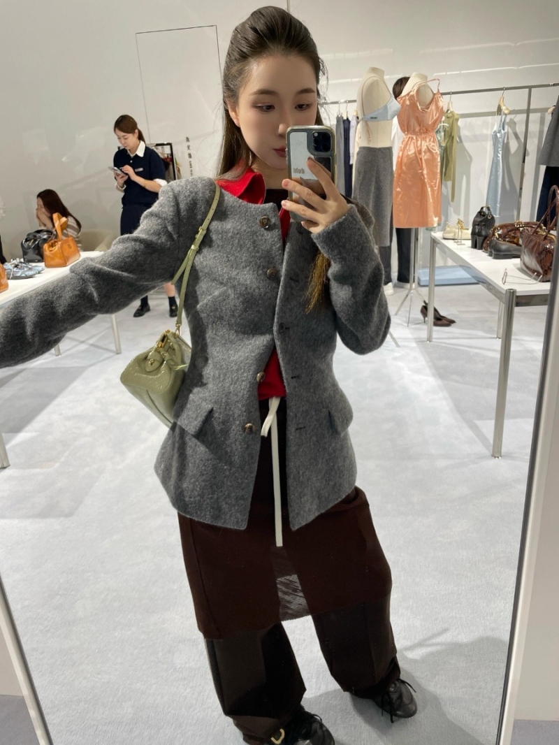 Miu Miu Women's Wool Tweed Coat & Skirt Set, Grey, Tailored Fit, Couture-Inspired, Asymmetric Buttons, A-Line Skirt