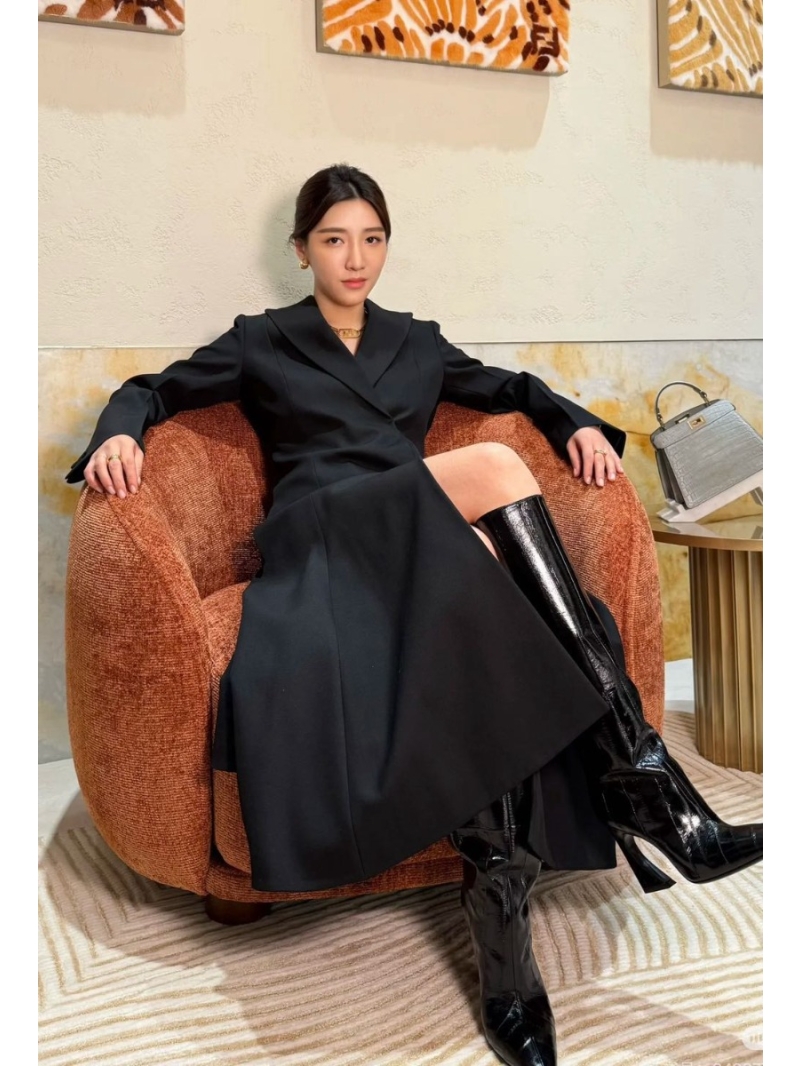 Fendi Women's Longline Blazer Coat, Tailored Silhouette with Ruffled Hem, Exquisite Black, Luxe Wool Blend, Couture-Inspired Design