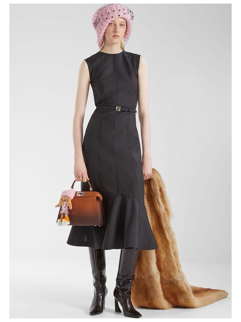 Fendi Women's Black Midi Dress, Exquisite Tailored Silhouette with Flared Hem, Luxe Sleeveless Design, Elegant and Feminine