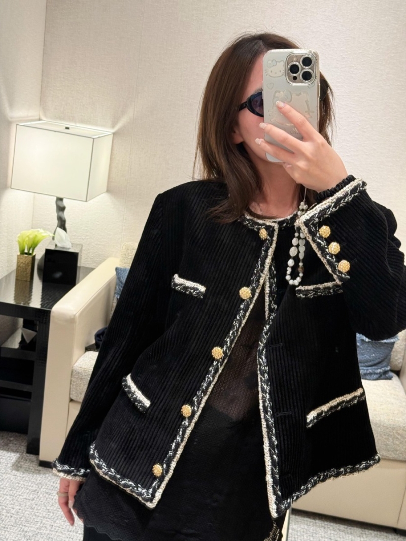 Chanel Women's Corduroy Jacket with Tweed Trim - Black, Luxe Artisan Craftsmanship, Signature CC Detail, Timeless Couture-Inspired Design