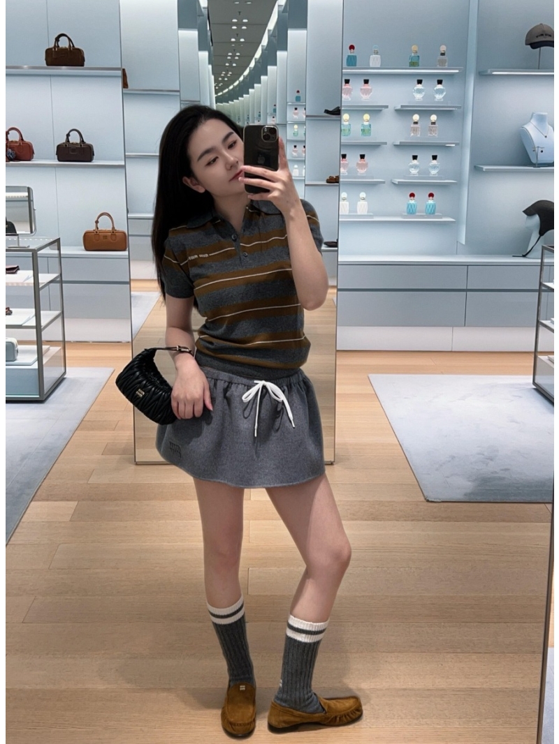 Miu Miu Women's Short Sleeve Cashmere Polo Shirt | Grey & Warm Brown Striped, Micro-Logo Jacquard, Luxe Knit, Polished Fit