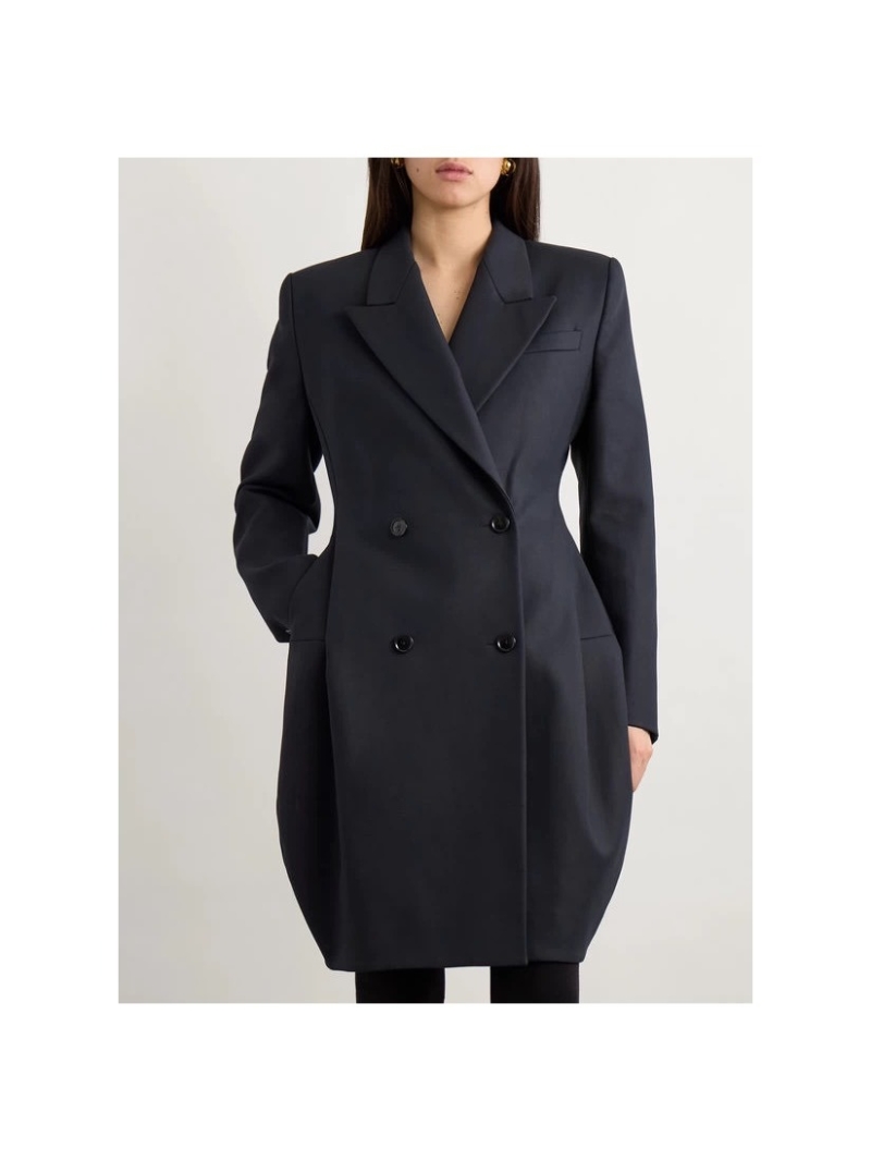 Alaia Deep Navy Wool Double-Breasted Blazer, Notch Lapel, Tailored Waist-Defining Silhouette, Exquisite Hand-Stitched A-Logo Detail, Luxe Everyday Office Wear