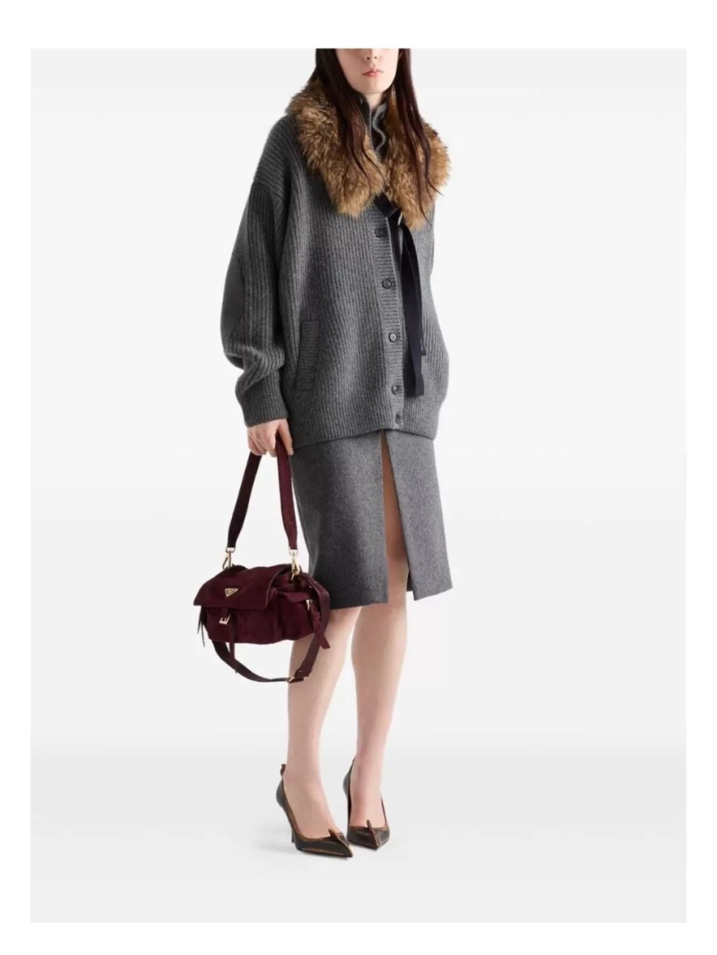 Prada Exclusive Debut Knitted Cardigan Sweater in Heather Gray - 100% Cashmere, Ribbed Knit, Mock Neck