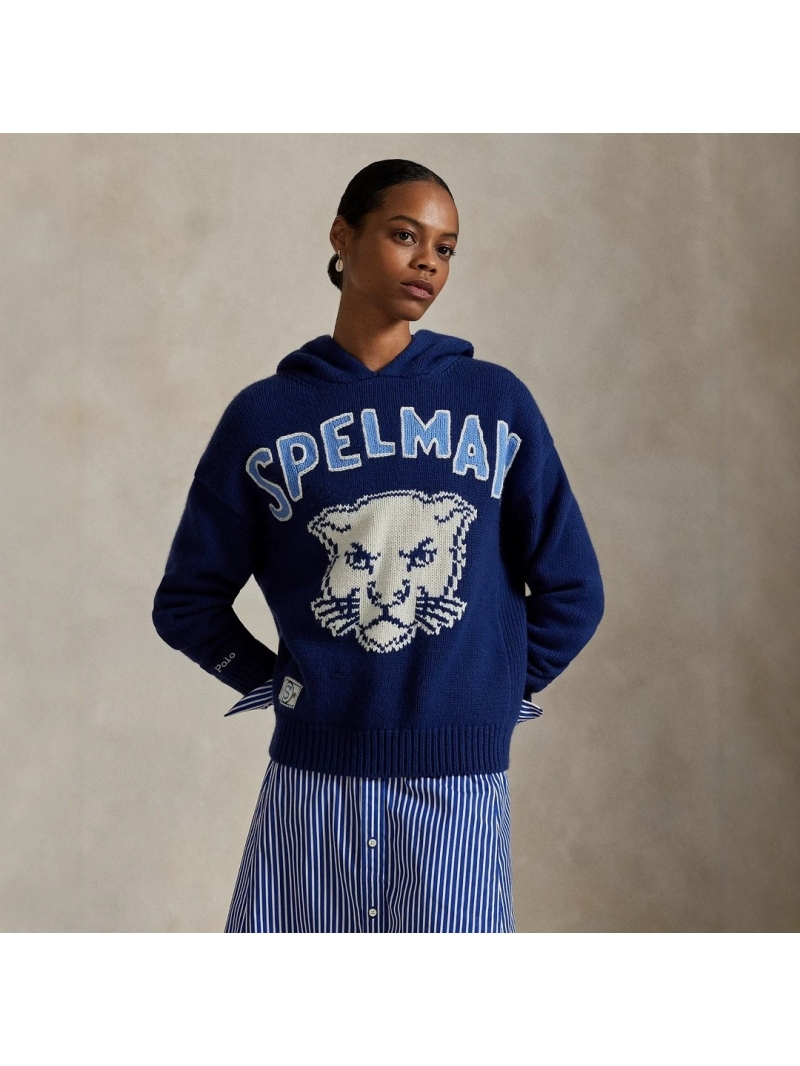 Ralph Lauren Polo Spelman College Inspired Knitted Hooded Sweater - Navy Blue with Panther Graphic, 100% Wool, Collegiate Luxury
