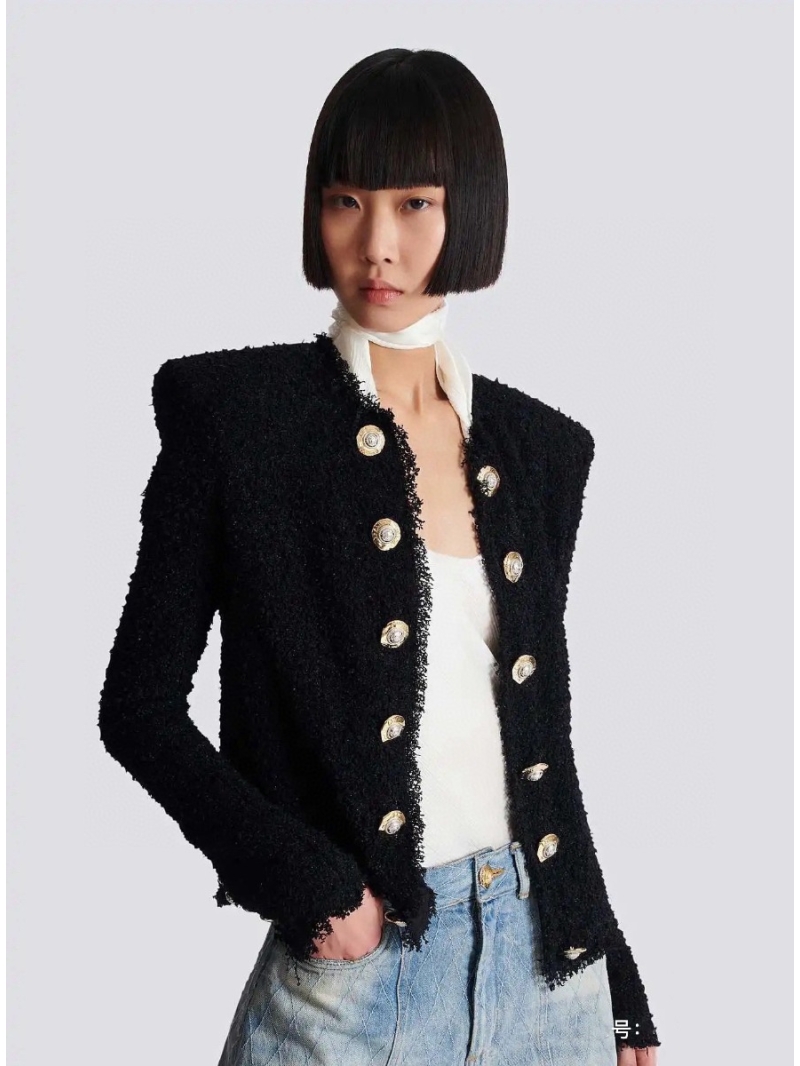 BALMAIN Black Double-Breasted Frayed Tweed Jacket
