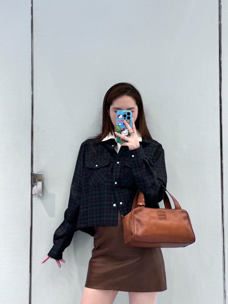 Miu Miu Cropped Plaid Shirt | Retro Tartan Pattern, Short Length, Embroidered Logo, Forest Green & Burgundy