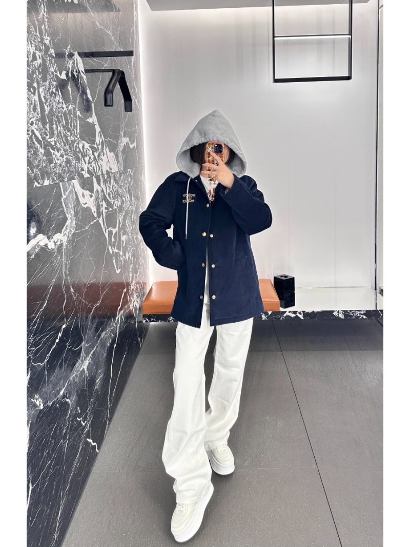 Celine Corduroy Hooded Jacket with Triomphe Emblem | Navy Blue | Gold Buttons | Heavyweight, Soft, Tailored Fit