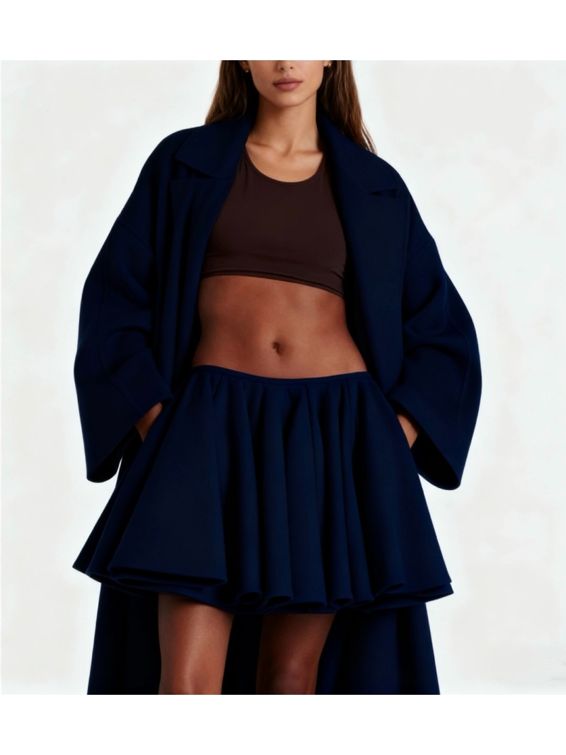 Alaia Deep Navy Blue Wool-Cashmere Blend Ruffled Flare Mini Skirt | Low-Rise A-Line | Handcrafted Luxury