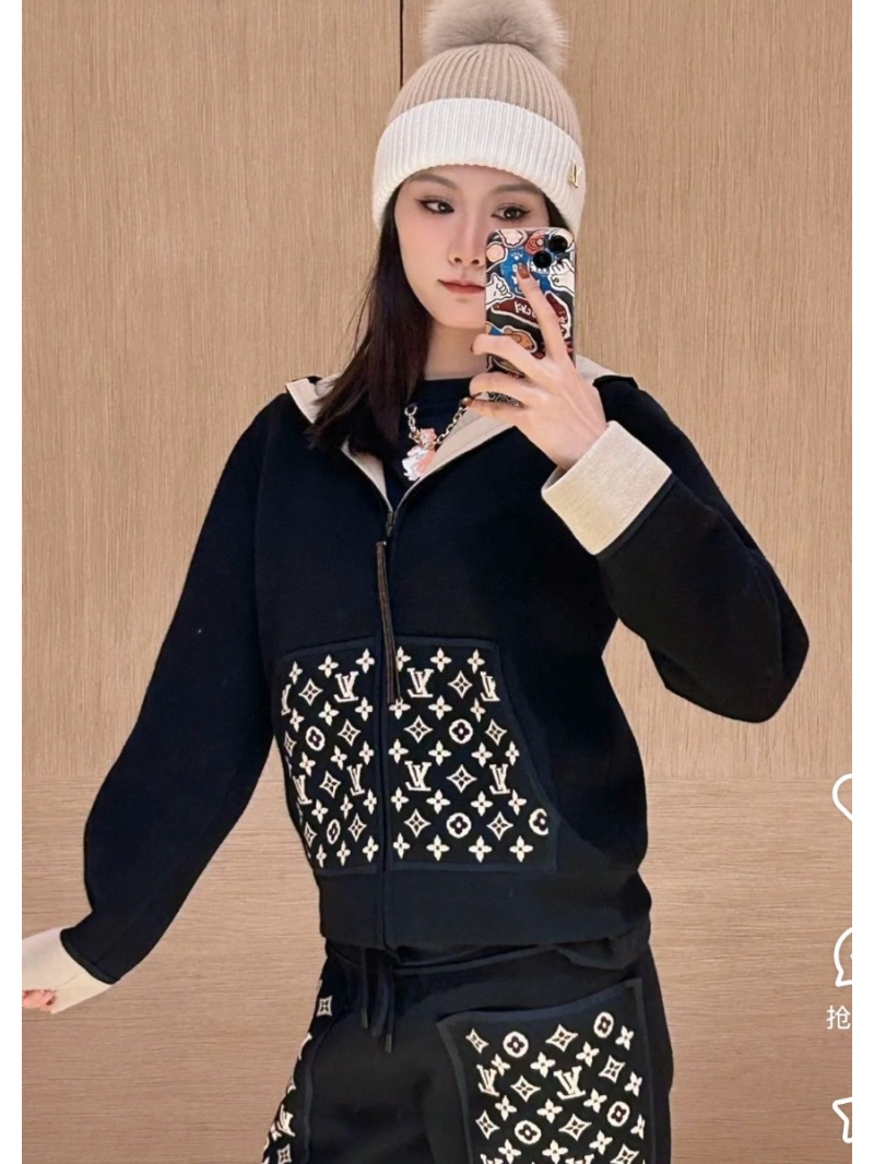 Louis Vuitton Flight Mode Jacquard Wool Hooded Jacket - Black Monogram, Zip-Up Design, Ribbed Cuffs