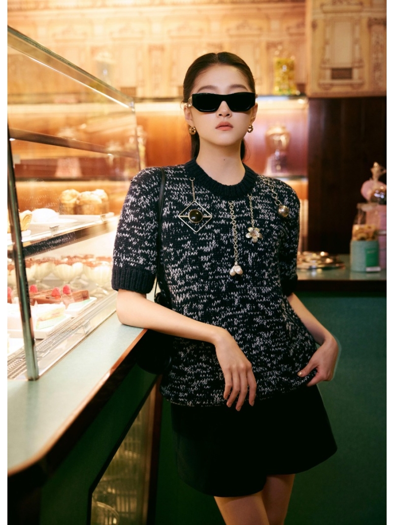 Prada Short-Sleeved Knit Sweater with Metallic Chain Embellishments, Blue and White Heathered Texture, Limited Edition