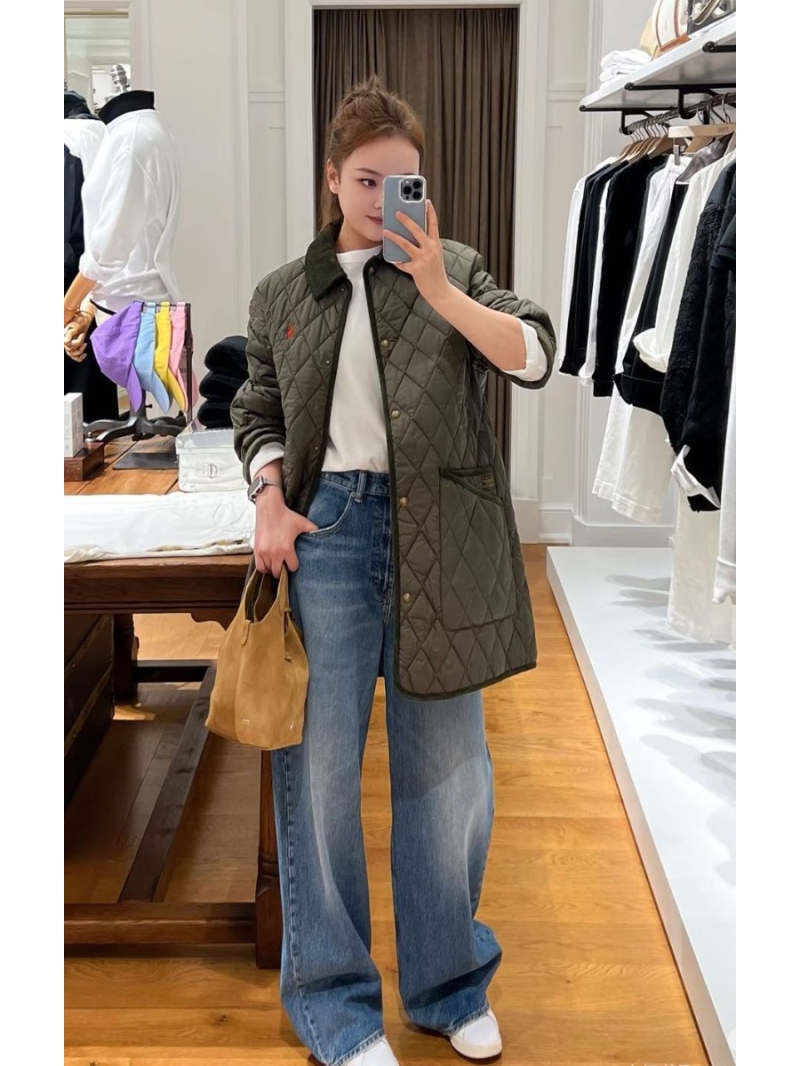 Ralph Lauren Olive Green Diamond-Quilted Mid-Length Jacket with Corduroy Trim