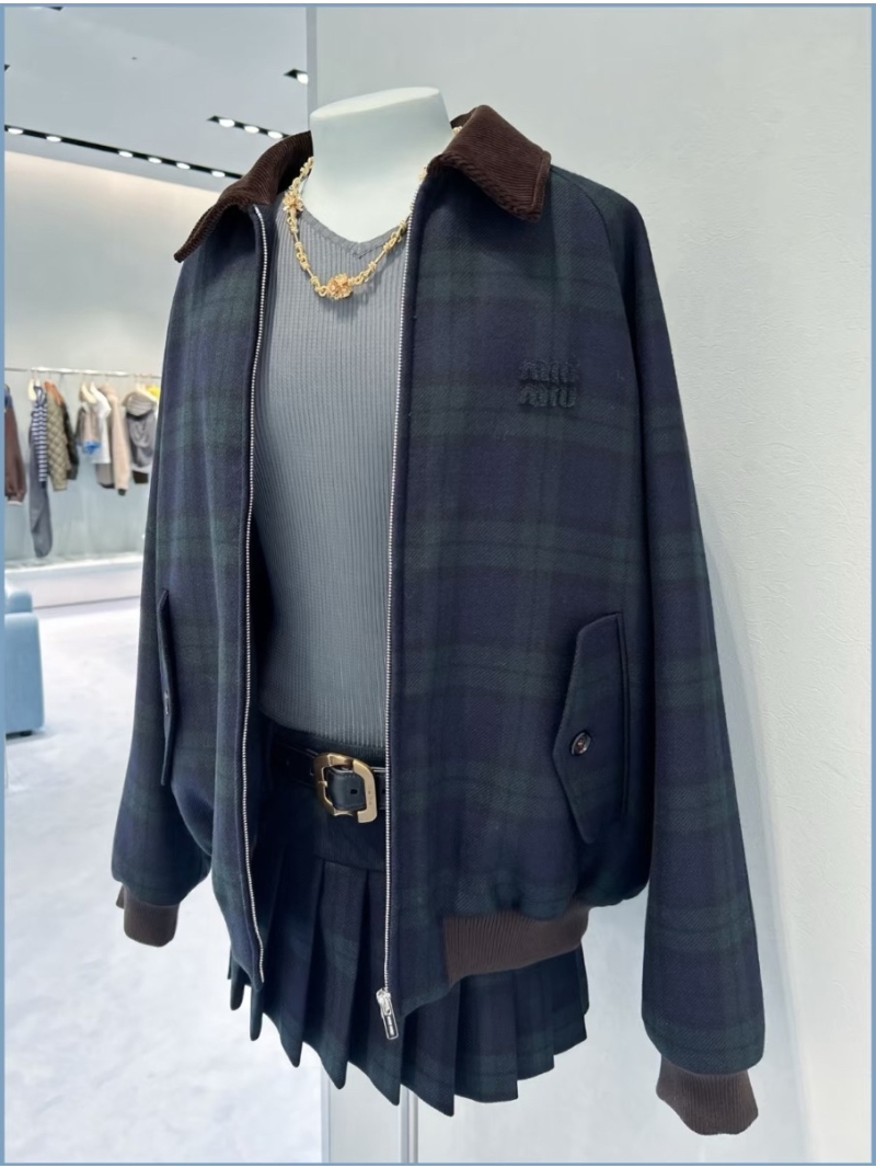 Miu Miu Cotton-Padded Academic Jacket with Corduroy Collar and Plaid Wool Blend, British Vintage Style Oversized Coat