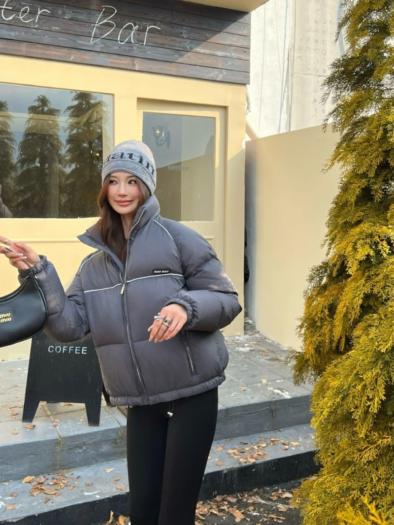 Miu Miu Puffer Jacket in Navy with Embroidered Logo and 90% White Duck Down Fill