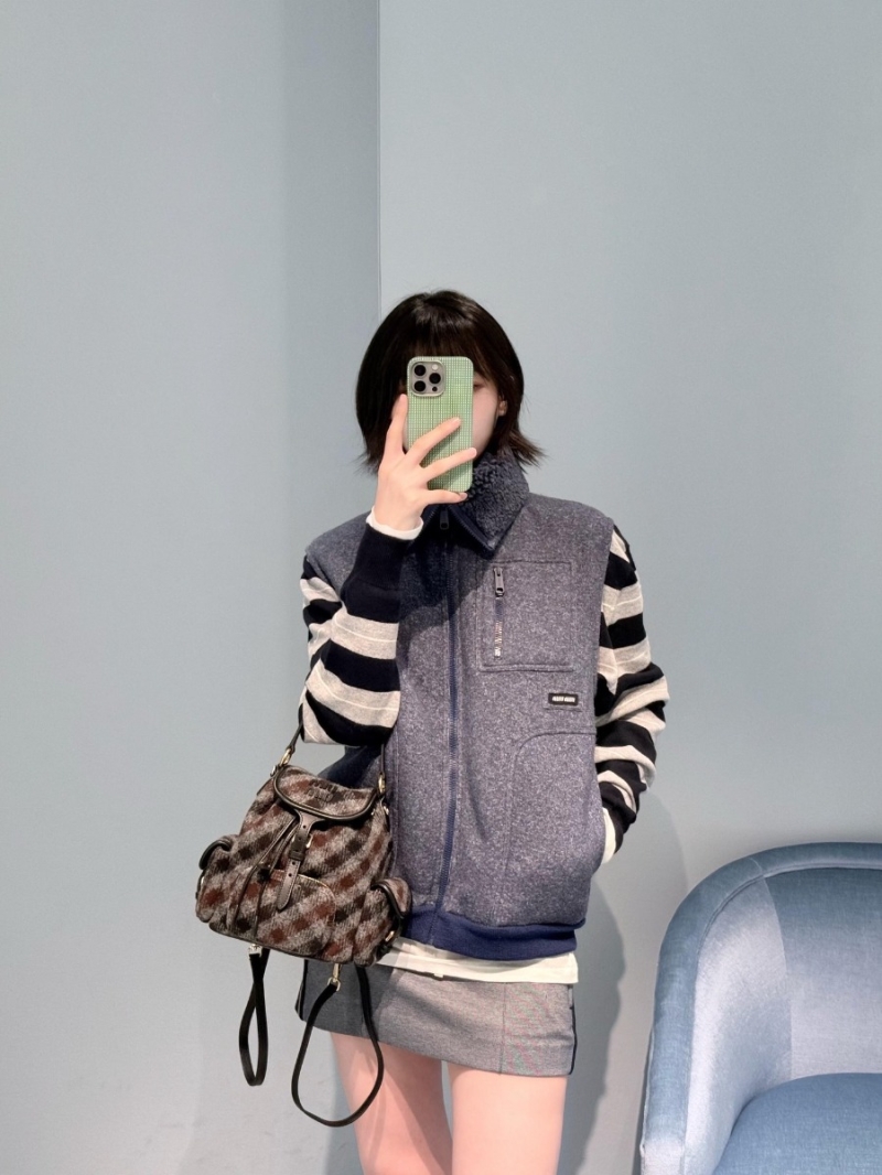 Miu Miu Women's Sherpa-Lined Wool-Blend Vest in Heathered Navy Blue | Sleeveless Gilet with Logo Patch, Front Zipper & Pockets