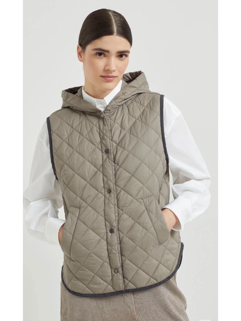 Brunello Cucinelli Grey Diamond-Quilted Cotton-Padded Hooded Vest | Memory Silk Fabric | Tailored British-Inspired Layering Piece