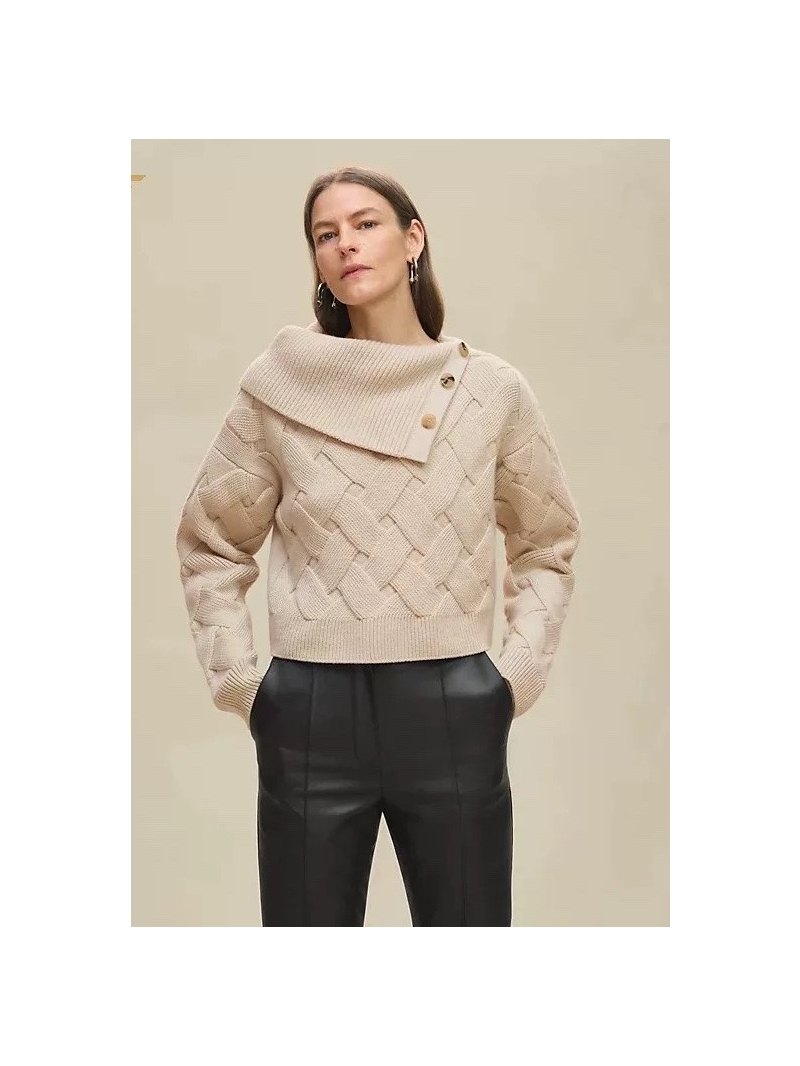 Hermes High-Neck Wool Sweater in Soft Beige, 100% Imported Wool, Swiss Knit, Shoulder Button Detail
