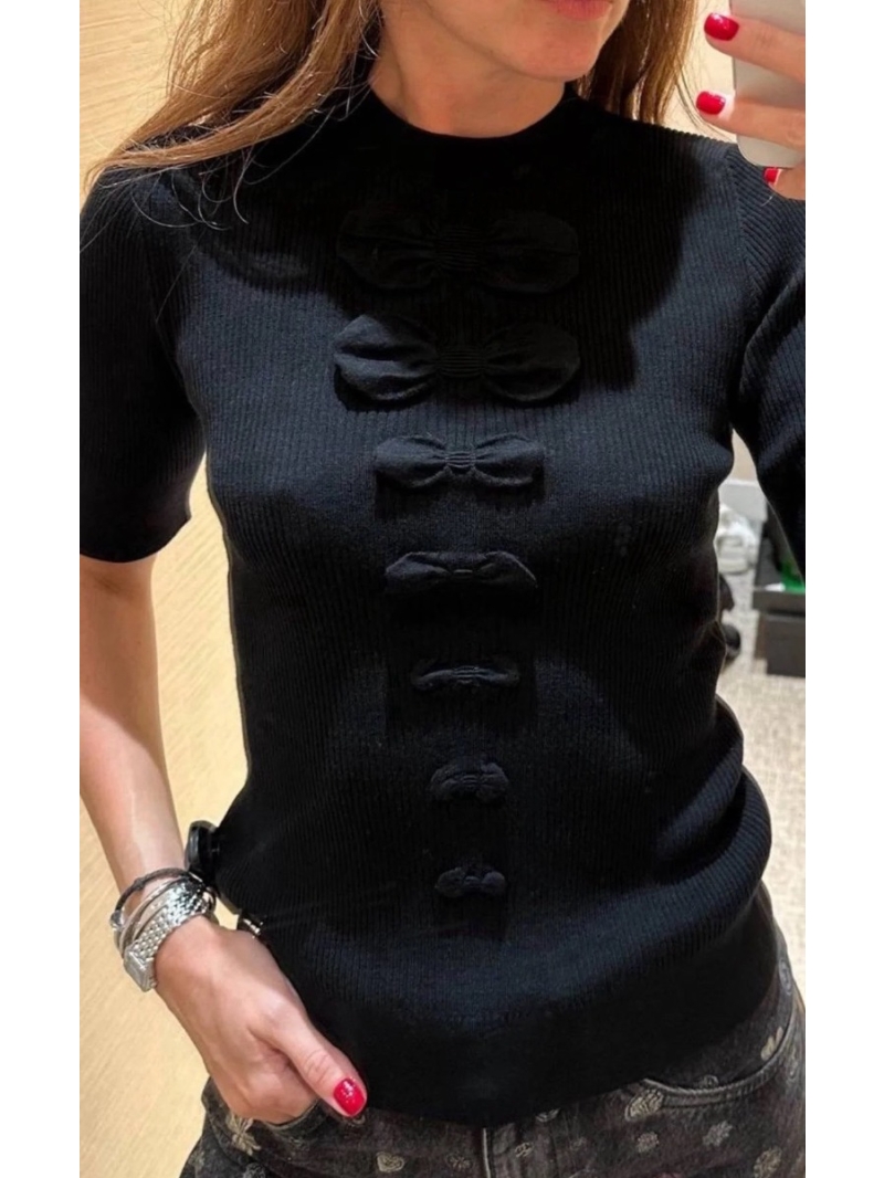 Chanel Coco 25K New Arrival Embossed Bow Knit Top in Black | Imported Yarn | Swiss 18-Gauge Craftsmanship