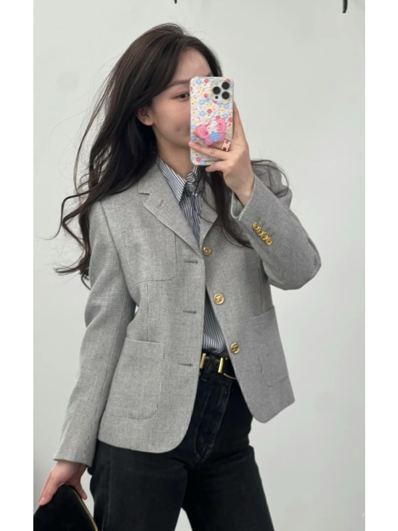 Celine Premium Wool Short Blazer - Tailored British Academic Style, Grey Houndstooth