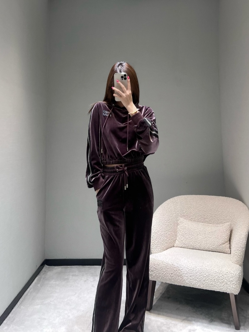 Miu Miu Cropped Hoodie and Wide-Leg Pants Set - Plush Velvet, Hooded, Drawstring Waist, Signature Logo