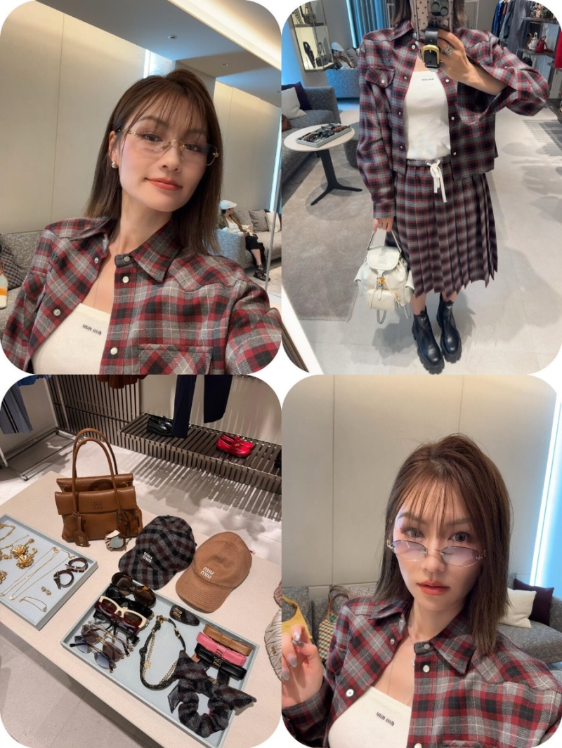 Miu Miu Plaid Wool Cropped Long-Sleeve Shirt – Burgundy, Gray & Cream Check – Artisan Tailoring, Metal Buttons, Luxe Short Fit