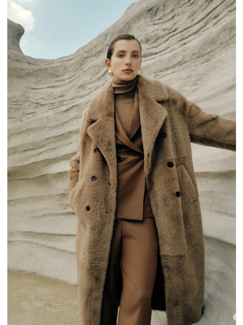 Maxmara Australian Merino Sheepskin Longline Double-Breasted Coat in Khaki | Luxurious Wool Exterior, Hand-Finished Edging