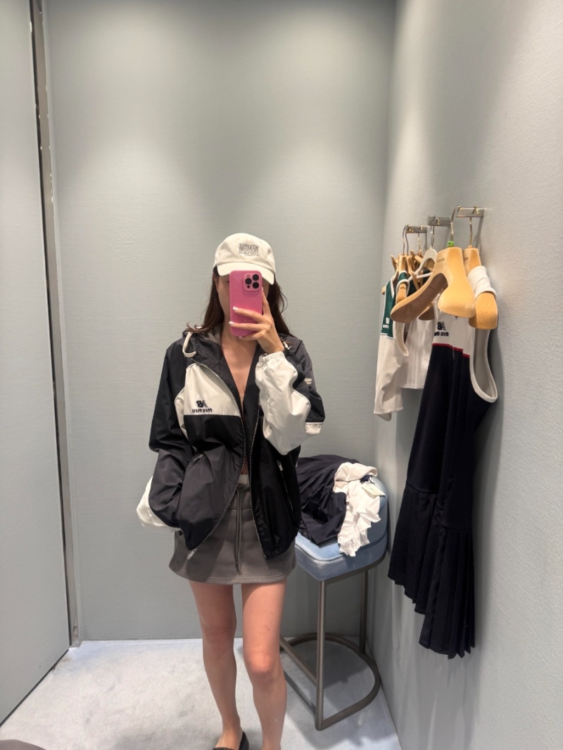 Miu Miu & New Balance Two-Tone Hooded Windbreaker Jacket in Navy & White | Oversize Fit | Zippered Pockets