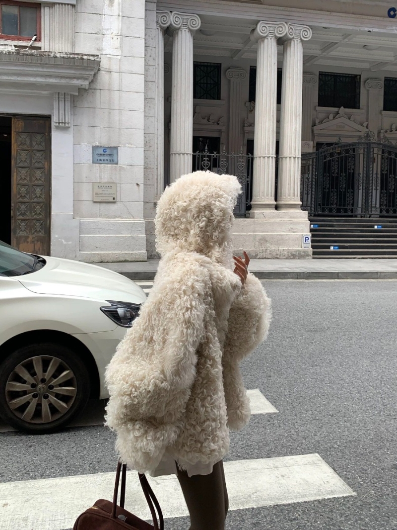 Loewe Toscana Lamb Fur Hooded Coat in Off-White | Artisanal Leather Trim, Korean Style