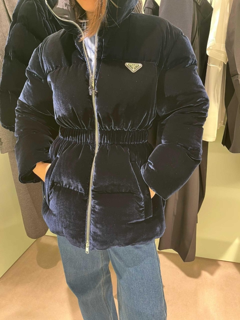 Prada Velvet Quilted Hooded Puffer Jacket with Ant Waist Design in Navy