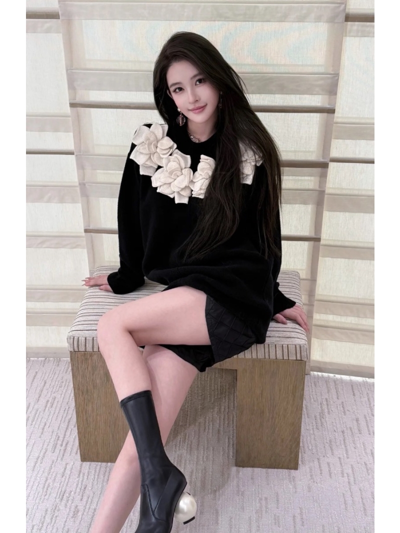 Chanel Embellished Camellia Knit Dress in Black | Imported Blended Yarn & 3D Floral Collar | Slim Fit