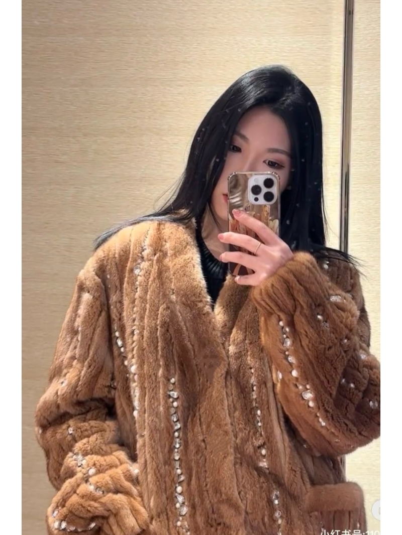 Louis Vuitton Hand-Embroidered Mink Fur Coat with Crystal & Pearl Embellishments, Caramel Brown, Size S