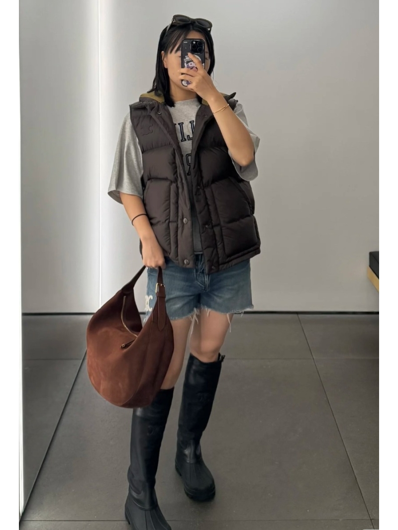 Celine Custom Wool Ribbed Puffer Vest with Embroidered Arch Motif, Chocolate Brown