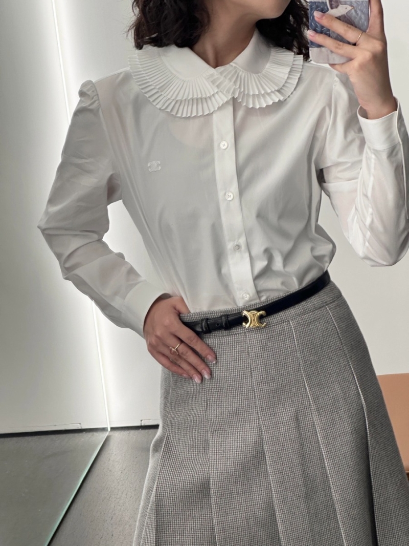 Celine White Long-Sleeve Button-Up Blouse with Ruffled Peter Pan Collar, High-Stitch Cotton Blend, Embroidered Logo